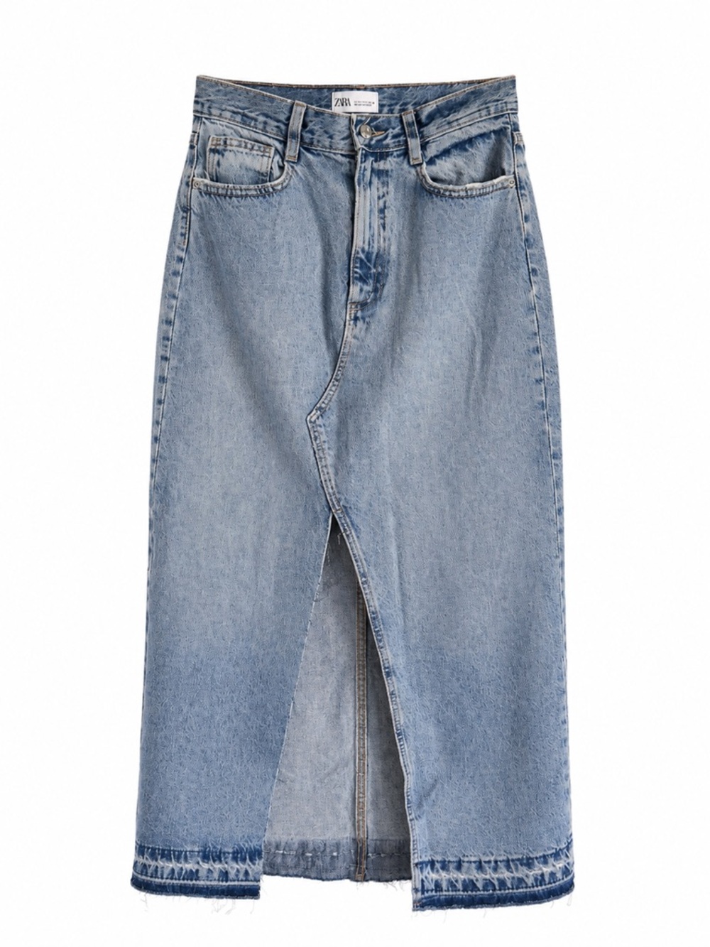 Zara Light Wash Denim Midi Skirt with Front Slit – Size S